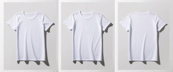 blank white t-shirt displayed from three different angles on light background with shadows