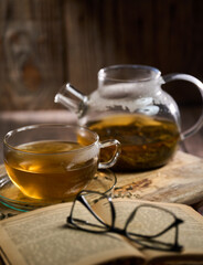Hot Japanese Sencha tea in a glass cup