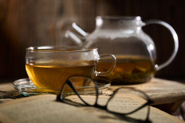 Hot Japanese Sencha tea in a glass cup