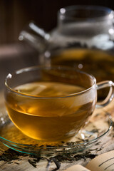 Hot Japanese Sencha tea in a glass cup