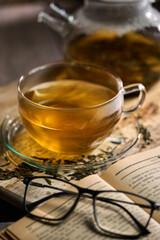 Hot Japanese Sencha tea in a glass cup