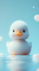 A fluffy yellow duckling with a curious expression, taking small steps, isolated on a soft pastel background, evoking a playful and endearing charm