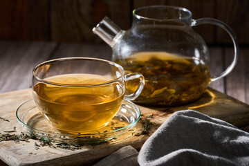 Hot Japanese Sencha tea in a glass cup