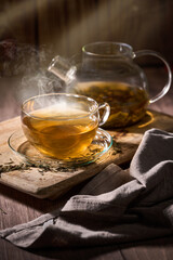Hot Japanese Sencha tea in a glass cup