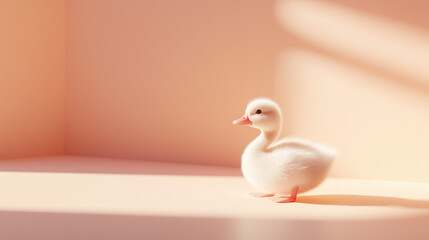 A fluffy yellow duckling with a curious expression, taking small steps, isolated on a soft pastel background, evoking a playful and endearing charm
