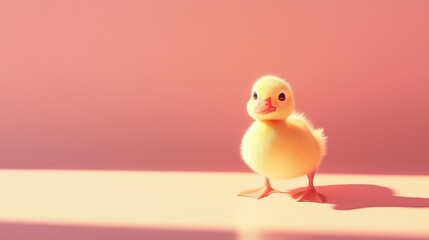 A fluffy yellow duckling with a curious expression, taking small steps, isolated on a soft pastel background, evoking a playful and endearing charm