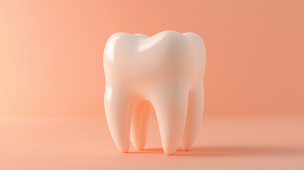 A single, glossy tooth shape with a smooth and polished surface, elegantly displayed against a pastel color background, exuding a clean and minimalist aesthetic