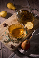 Hot Japanese Sencha tea in a glass cup