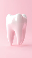 A single, glossy tooth shape with a smooth and polished surface, elegantly displayed against a pastel pink background, exuding a clean and minimalist aesthetic