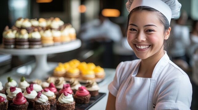 A woman wearing a white apron is standing in front of a table filled with various types of cupcakes. She is smiling and posing for a photo, likely to showcase her delicious creations