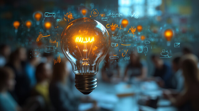 A light bulb glowing above a group of people brainstorming around a whiteboard.