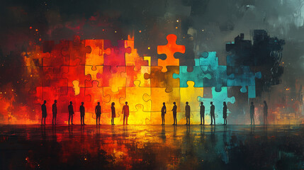 Abstract human figures holding puzzle pieces that connect to form a unified design.