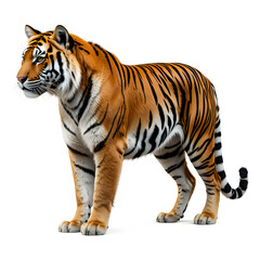 Fototapeta premium Tiger isolated on a white background, Side view, tiger standing full HD image generated by Ai. full body, realistic, full detail looking at the camera, 