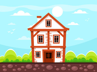 Fototapeta premium Old half-timbered house. Traditional medieval european building. fachwerk cottage with facade from stone and timber. Simple game background with grass, bush, blue sky and white clouds. Vector graphics