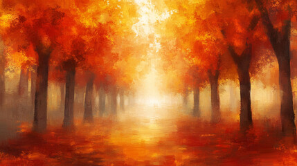 serene autumn park with a sunlit path surrounded by golden foliage. The warm glow and soft blur evoke tranquility, reflection, and the passage of time, symbolizing life's journey and transition