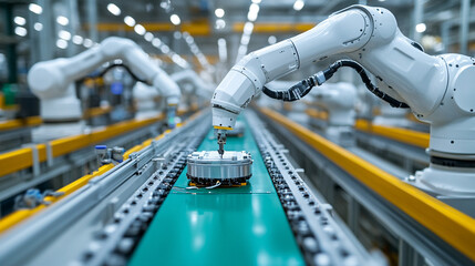 Industrial robotic arms efficiently assembling lithium-ion batteries, symbolizing automation, precision, and the future of renewable energy technology in modern manufacturing