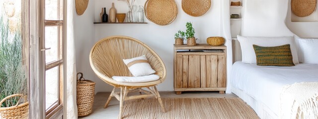 Boho studio apartment with woven textures pastel color scheme