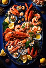Fototapeta premium colorful seafood platter artfully arranged textured blue background featuring array fresh delicious seafood delicacies, appetizer, banquet, catch, chefs
