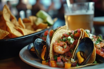 Dining at a cafe with tacos cocktails and a photo on a smartphone