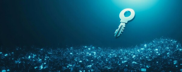 A massive digital key floating above a sea of personal data points, symbolizing the importance of encryption in protecting user privacy