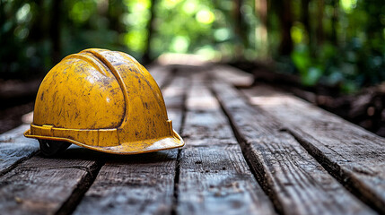 safety helmet rests on a wooden plank at a construction site, symbolizing safety, responsibility, and preparation. The image conveys themes of work ethic, protection, and building a secure future