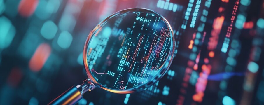 A close-up shot of a magnifying glass scanning over icons that represent coding and programming languages, featuring binary code in the background.