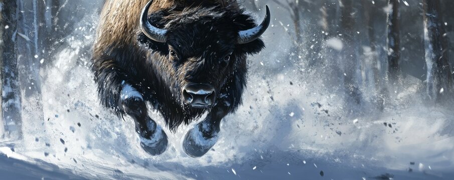 A powerful bison charging through a snowy landscape, snowflakes kicking up around its hooves, with a detailed and focused close-up shot