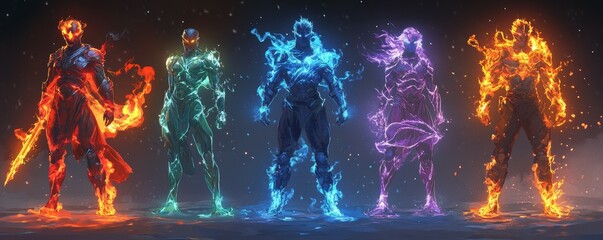 A warrior figure with armor made from Earth, a cloak of wind, a sword of flame, and boots of water, standing in a battlefield of the elements, four elements, elemental warrior