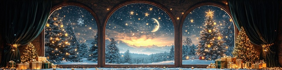 Naklejka premium Digital Artwork of Ornate Archway Interior at Night, Featuring Christmas Garden Scene and Cozy Elegance