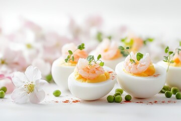 Easter decoration stuffed eggs with shrimp and pea microgreens garnished with cherry or apple blossoms on a light backdrop Traditional dish concept