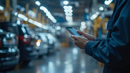 mechanic's hand inspects a phone in a blurred garage background, symbolizing the balance of tradition and modern technology in the automotive industry, where manual expertise meets digital solutions