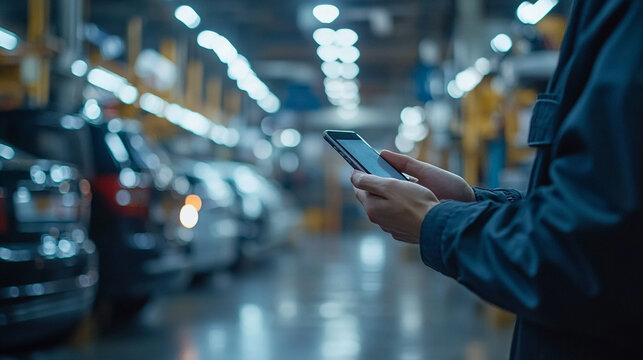 mechanic's hand inspects a phone in a blurred garage background, symbolizing the balance of tradition and modern technology in the automotive industry, where manual expertise meets digital solutions