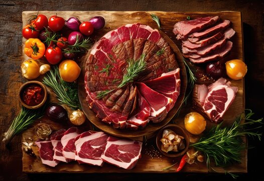 appetizing display tender cuts meat artistically arranged rustic wooden board highlighting juicy textures rich colors, appetizer, arrangement, artisan