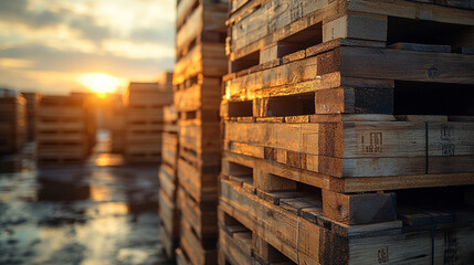 Neatly stacked wooden boards in an outdoor warehouse, symbolizing organization, stability, and sustainable construction materials, with natural textures creating a rustic, earthy aesthetic