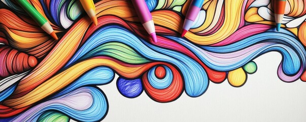 Obraz premium Abstract coloring design with vibrant flowing lines and colorful pens, a creative art piece in progress.
