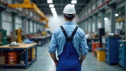 Fototapeta premium A worker in blue overalls and a white hard hat stands with his back to the camera in a large industrial factory. Concept of industrial work, manufacturing, and factory environment.