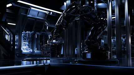 A robotic arm in a futuristic industrial setting..