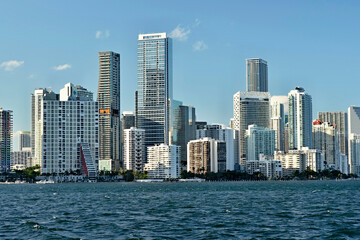 Fototapeta premium Miami Sunny Isles Beach Florida. Panorama of Miami Beach FL. Atlantic Ocean beach. Beautiful seascape. Cityscape with skyscrapers, skyline. Summer vacation in Florida. Hotels and Resorts on Island