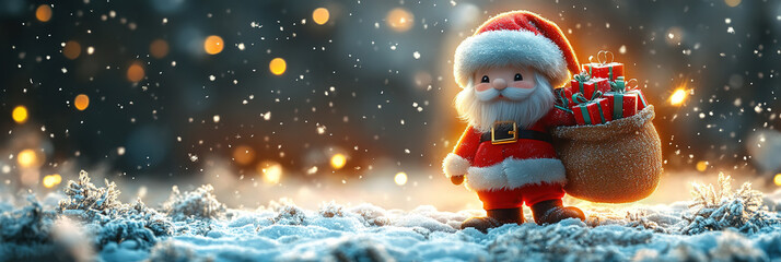 Cute Santa Claus with a bag of gifts against a winter landscape.