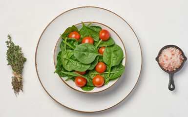 Salad of spinach leaves and cherry tomatoes in a round white plate on a white background, top view