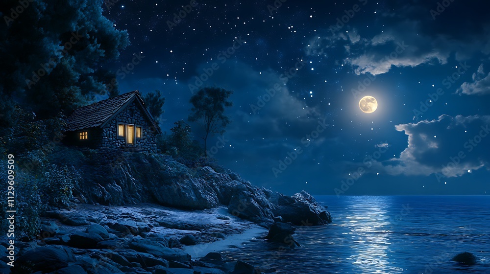 Wall mural Stone Cottage on a Rocky Coast Under a Starlit Night Sky