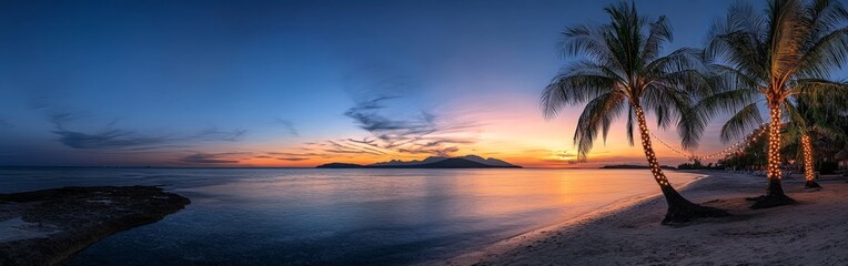Palm Trees with Christmas Lights Against a Tropical Sunset