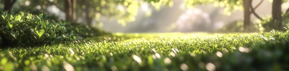 Fototapeta premium Serene Blurred Background of Green Tea Leaves in Nature Light