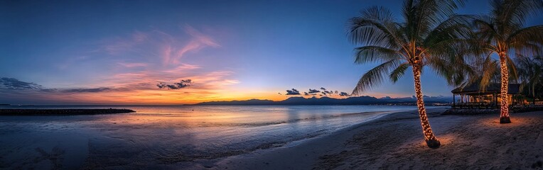 Palm Trees with Christmas Lights Against a Tropical Sunset