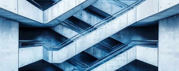 Obraz premium Abstract view of a parking garage with crisscrossing stairways, modern monochrome geometry.