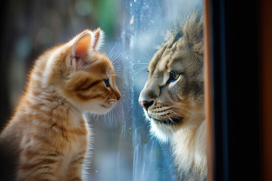 Kitten seeing a lion reflection in the mirror symbolizing inner strength