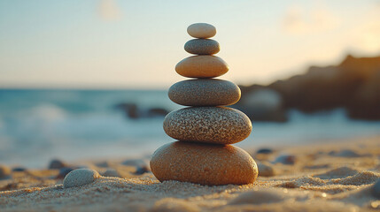 Fototapeta premium serene top view of a zen stone pyramid on a sandy beach, evoking balance, harmony, and tranquility against the backdrop of nature's simplicity