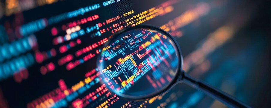 A close-up shot of a magnifying glass scanning over icons that represent coding and programming languages, featuring binary code in the background.