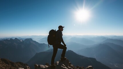 Breathtaking Lone Hiker on Rocky Mountain Peak Overlooking Snow.