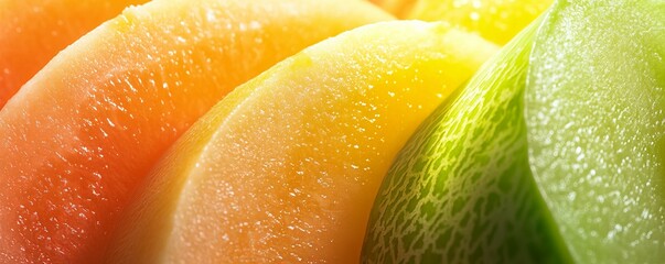 Close-up of ripe and juicy cantaloupe and honeydew melon slices